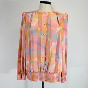 Philippe Marques VTG Pastel Abstract Print Smocked Blouse‎ Pink Yellow Size 12